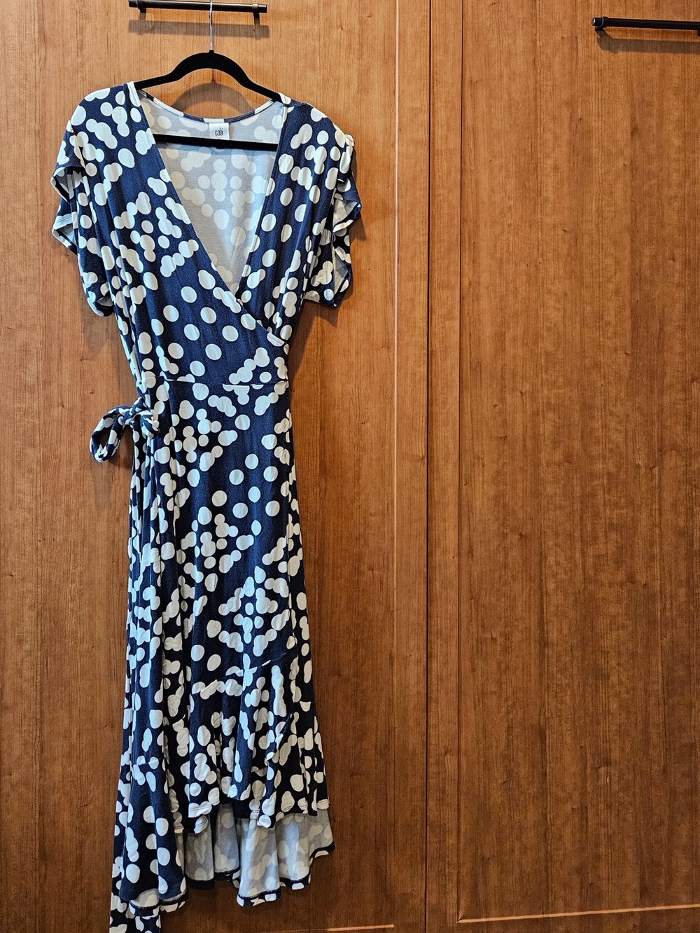 CAbi Navy and White Polka Dot High-Low Wrap Dress